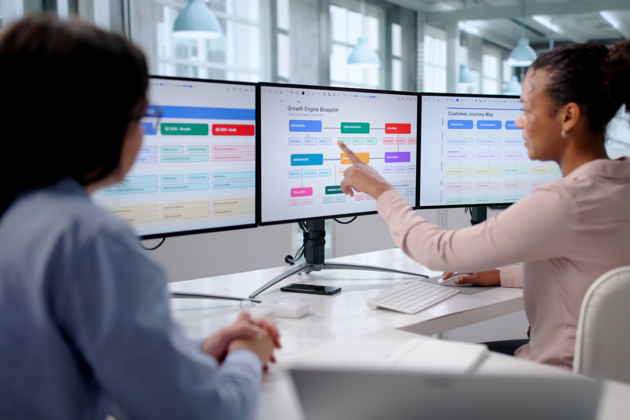 Equipo trabajando frente a pantallas